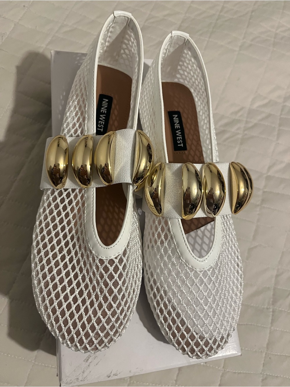 Nine West White Mary Janne Mesh Flats with Gold Decorative Accents